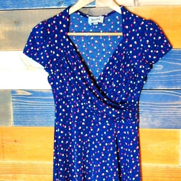 Leota Blue Dot Wrap Dress Petite Small - Picture 2 of 8